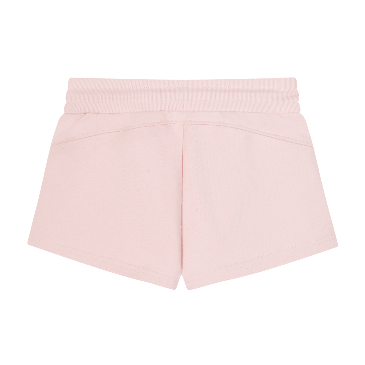 Back view of women's light pink drawstring shorts with ribbed waistband