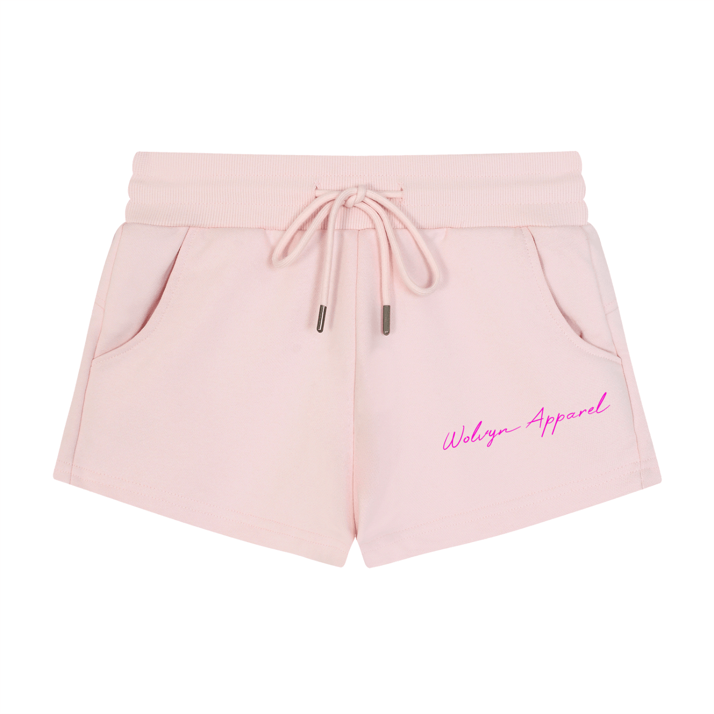 Light pink women's drawstring shorts with front pockets and logo text on the left hem.