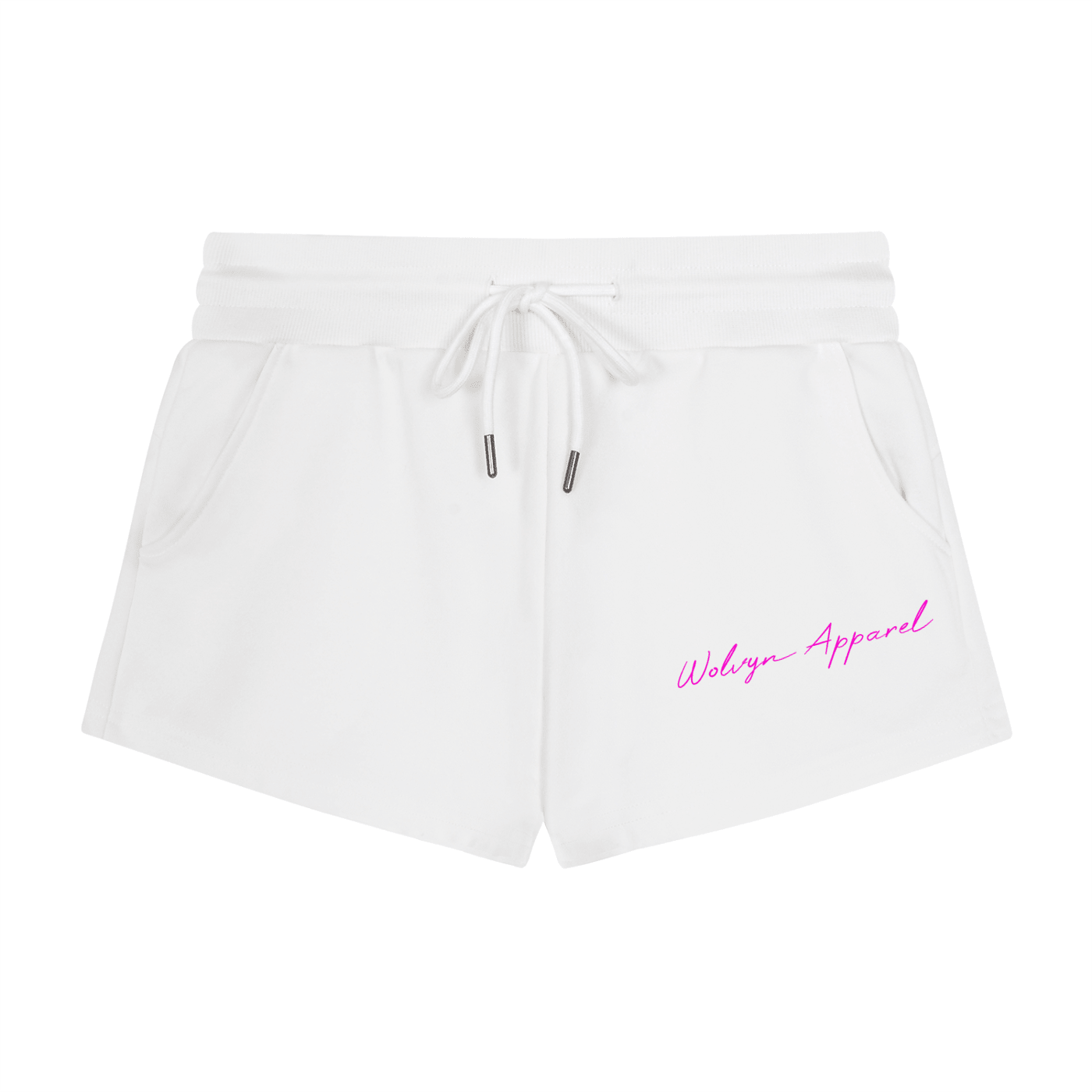 White women's drawstring shorts with side pockets and pink script logo on left leg