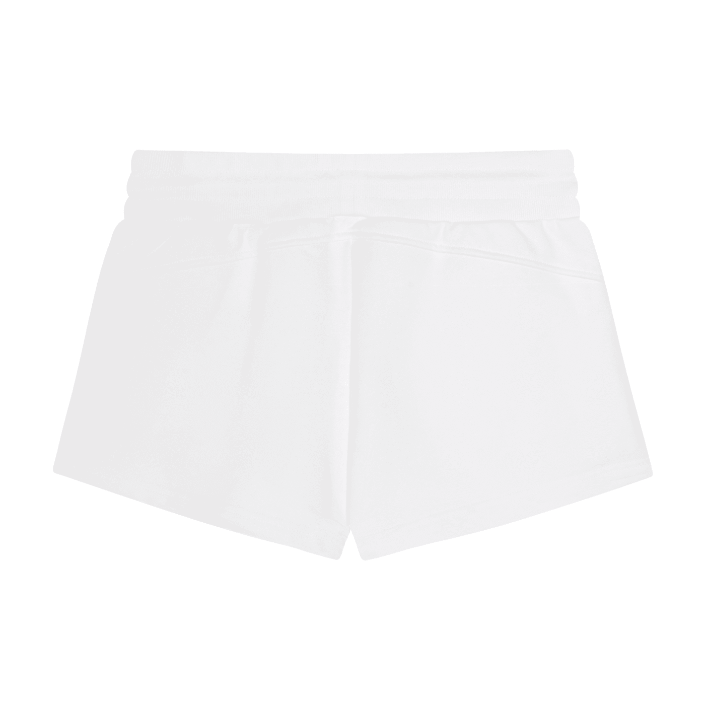 Back view of women's white drawstring shorts with elastic waistband, streetwear style