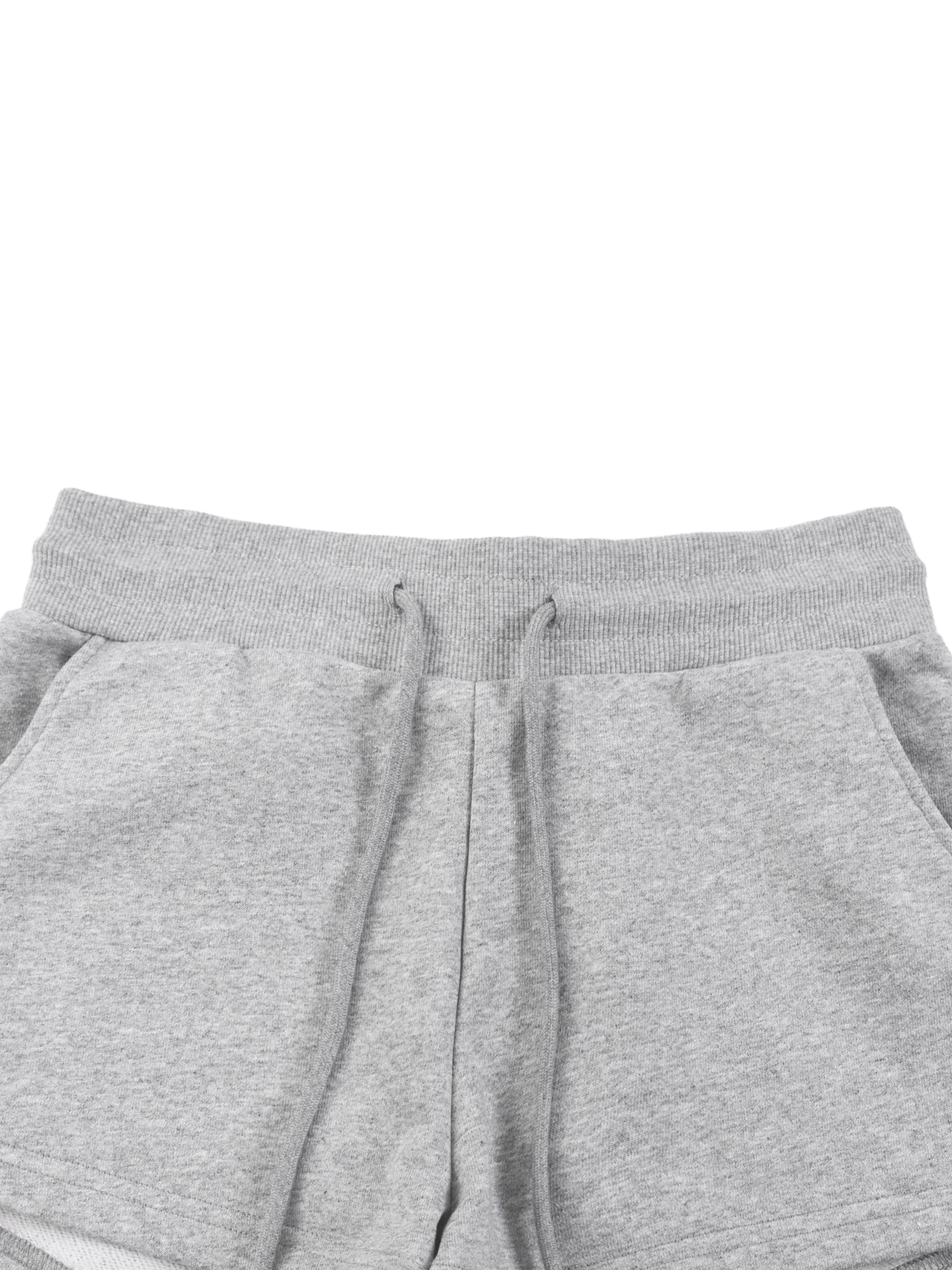 Women's grey drawstring shorts with elastic waistband and side pockets