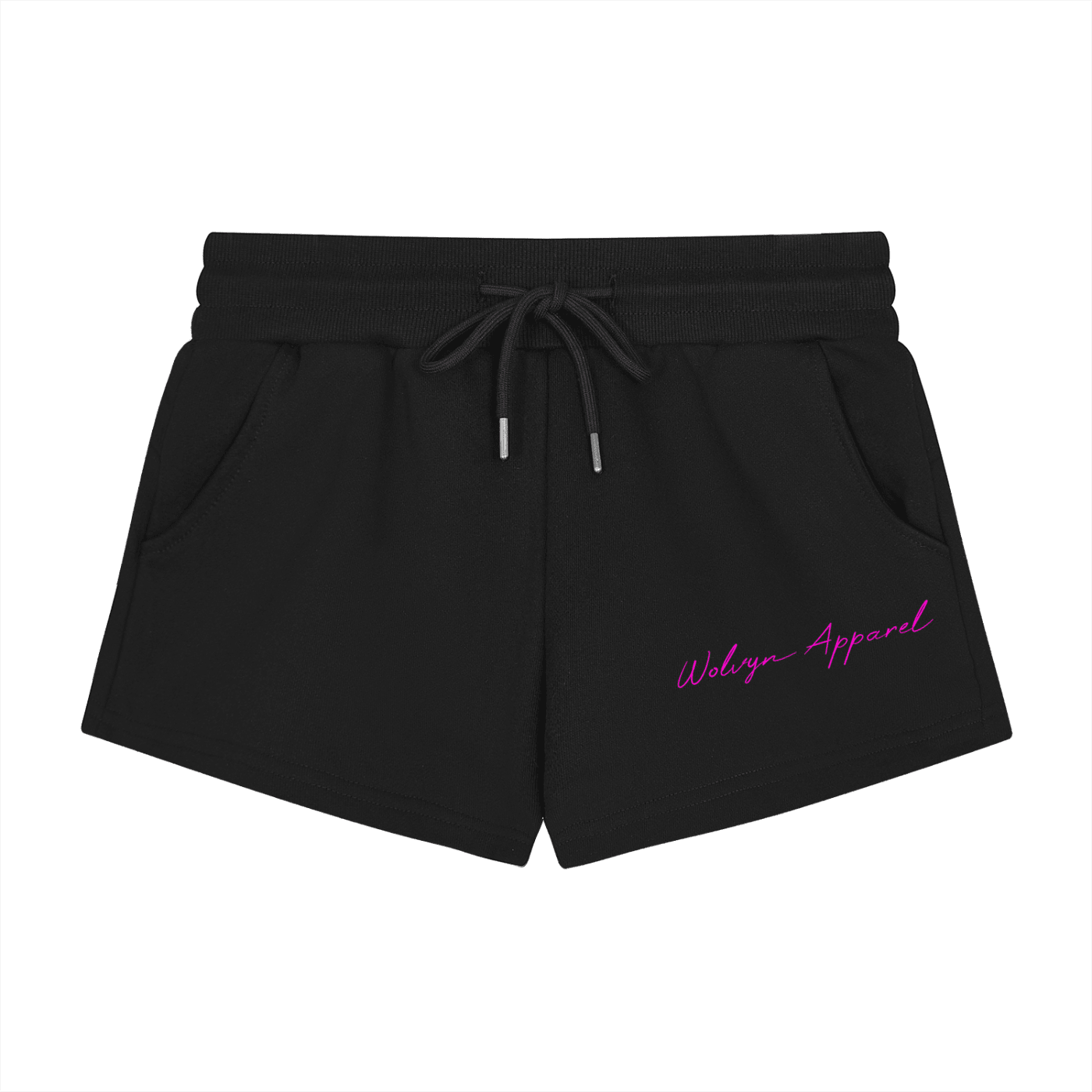 Black women's drawstring shorts with pink script logo and side pockets, flat lay