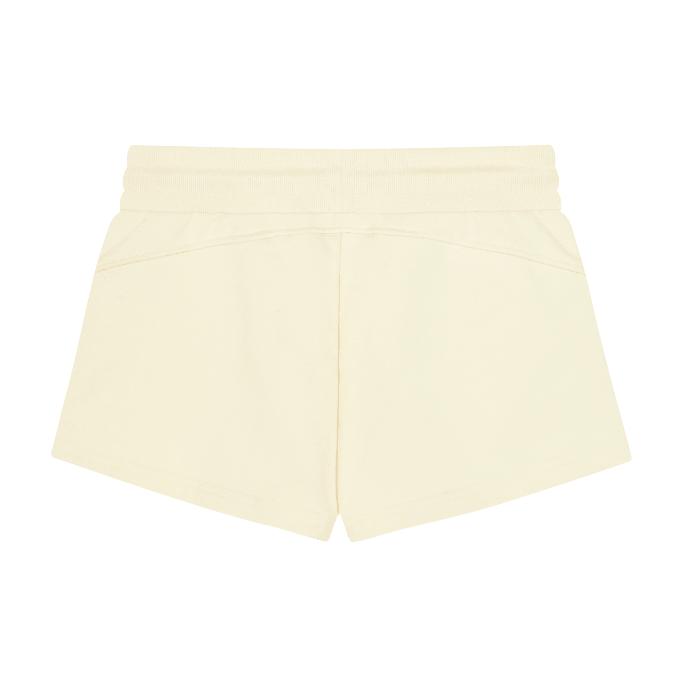 Back view of cream women's drawstring shorts with elastic waistband on white background