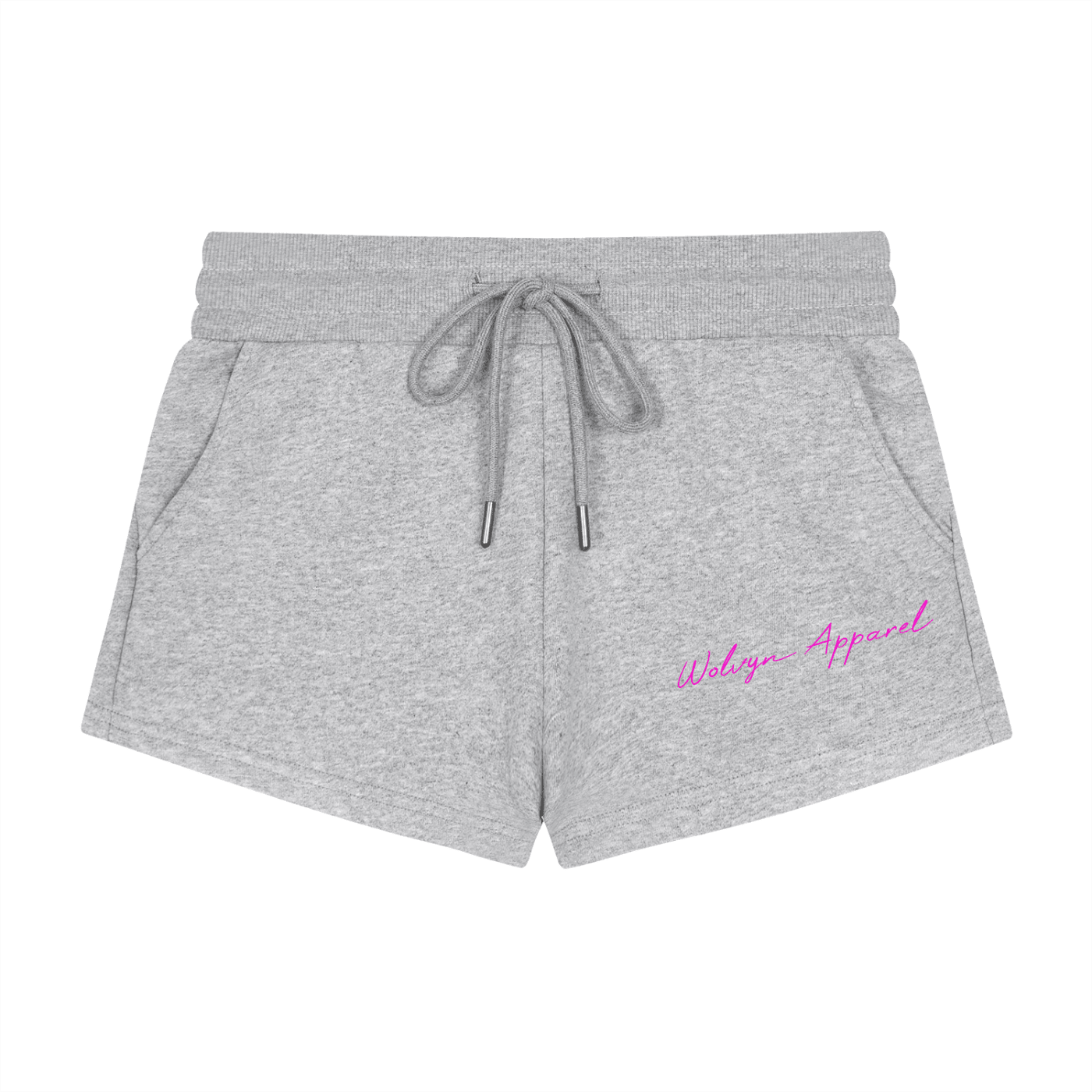 Gray women's drawstring shorts with pockets and pink Wolvyn Apparel script logo.