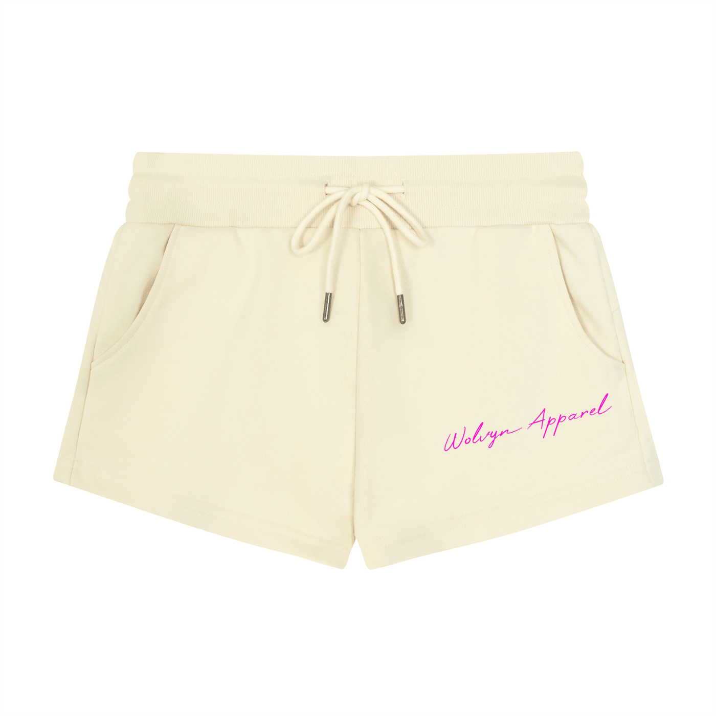 Beige women's drawstring shorts with front pockets and pink script logo on the left leg