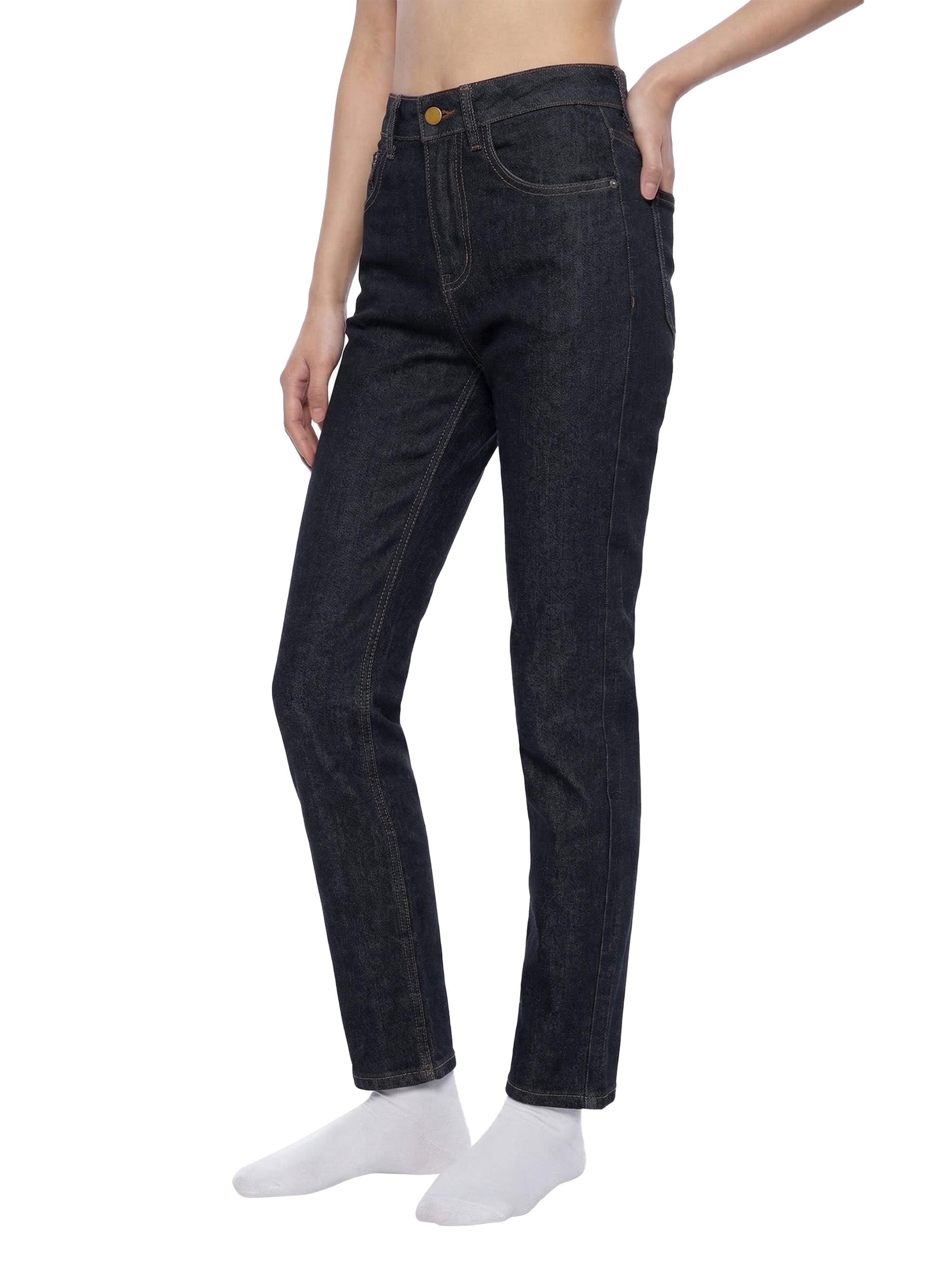 Women's high-rise skinny jeans in dark denim, front view on model