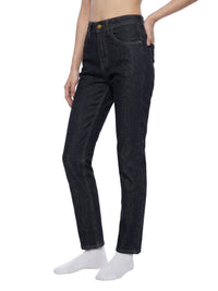 Women's high-rise skinny jeans in dark denim, front view on model