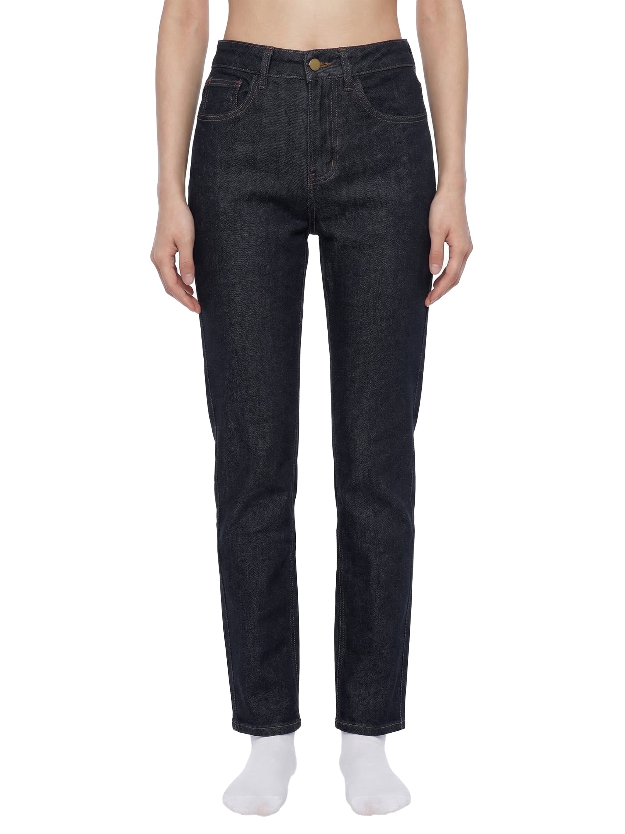 Women's high-rise skinny jeans in dark blue denim, front view, isolated on white background