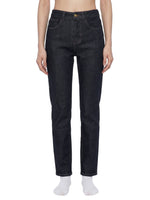 Women's high-rise skinny jeans in dark blue denim, front view, isolated on white background