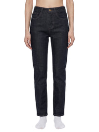 Women's high-rise skinny jeans in dark blue denim, front view, isolated on white background