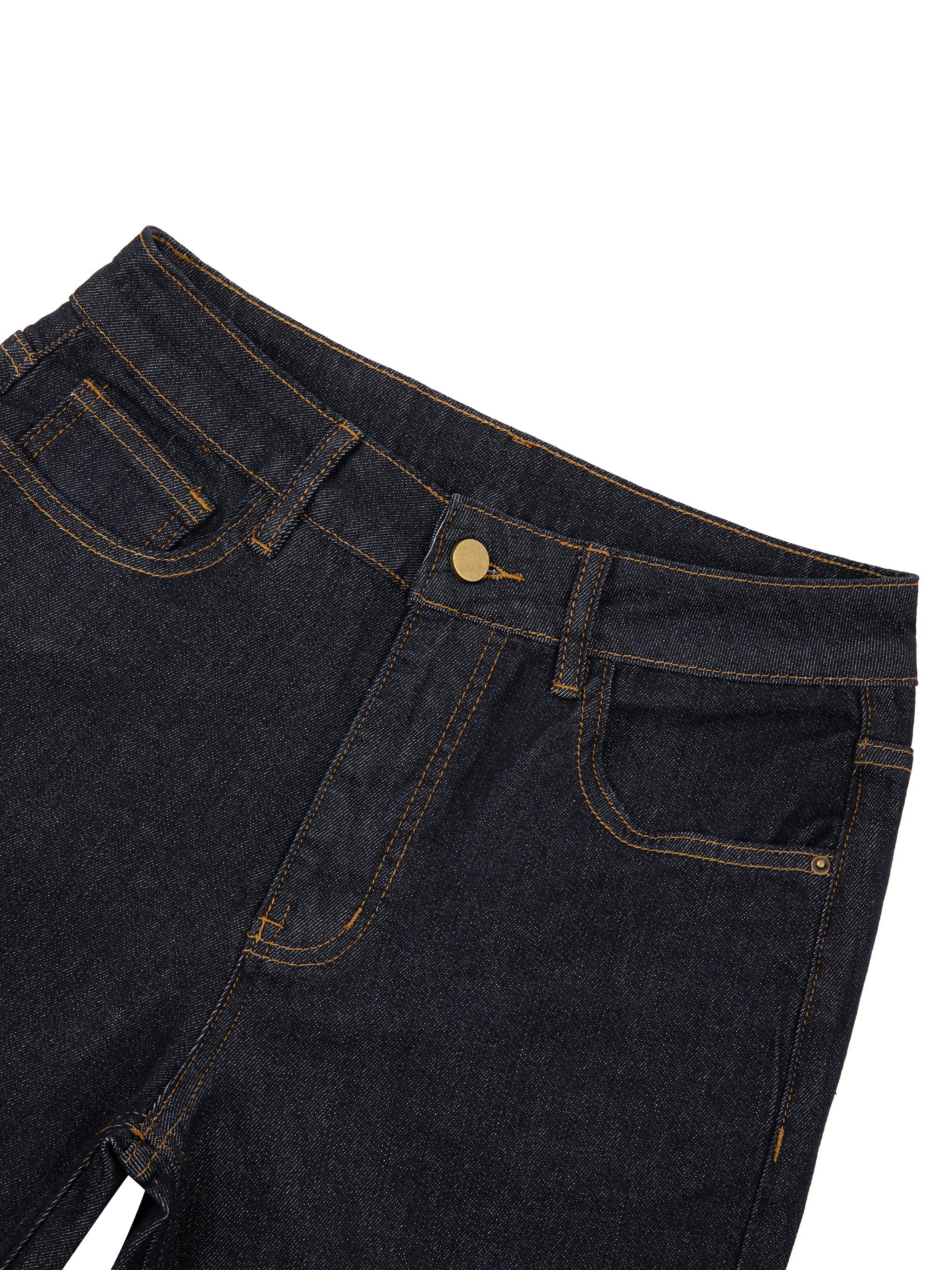 Women's high-rise skinny jeans in dark wash denim with gold stitching, flat lay