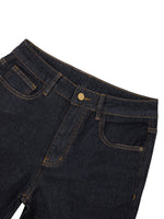 Women's high-rise skinny jeans in dark wash denim with gold stitching, flat lay
