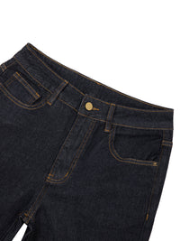 Women's high-rise skinny jeans in dark wash denim with gold stitching, flat lay