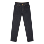 Women's high-rise skinny dark wash jeans with five-pocket design, flat lay