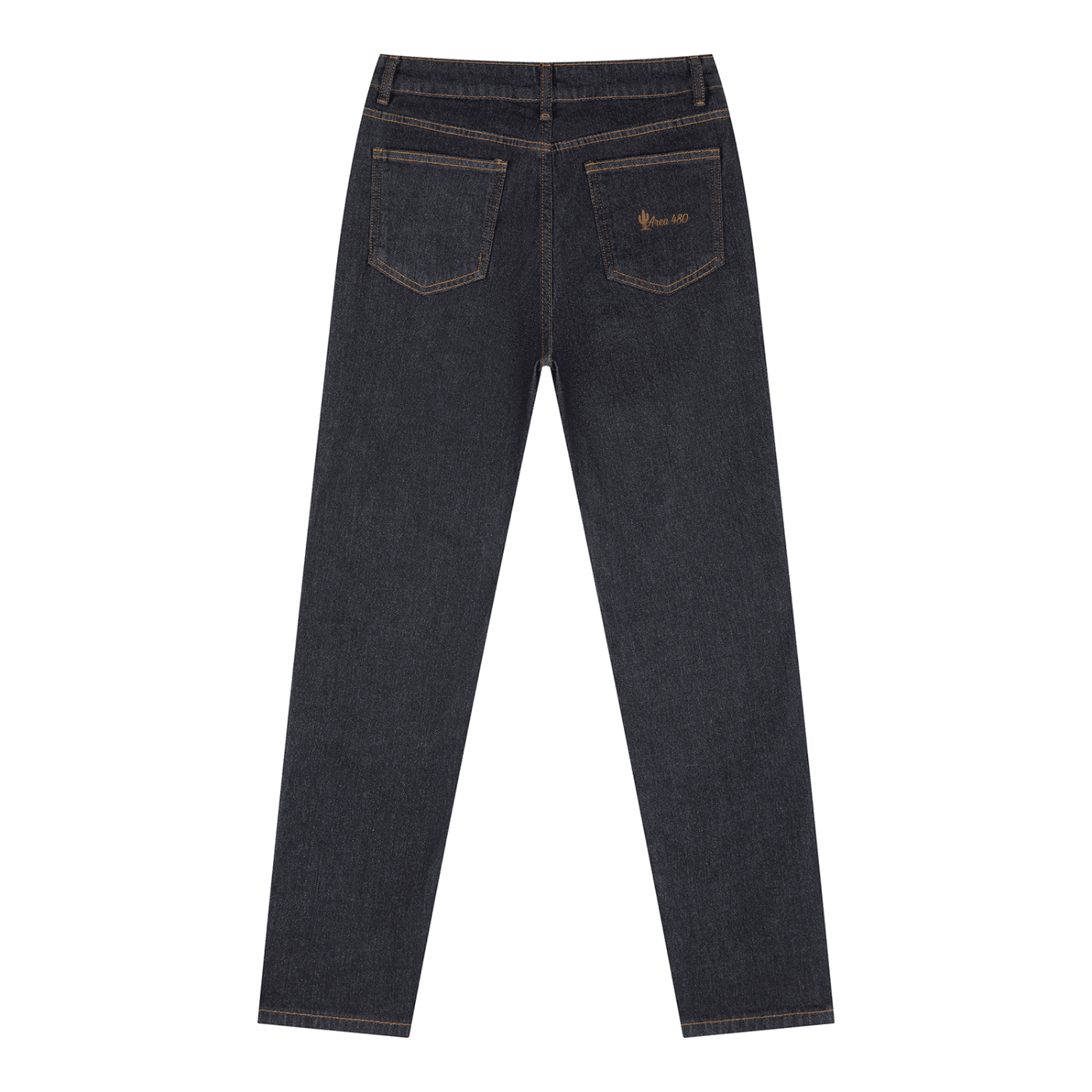 Back view of women's high-rise skinny jeans in dark denim with gold stitching.