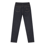 Back view of women's high-rise skinny jeans in dark denim with gold stitching.