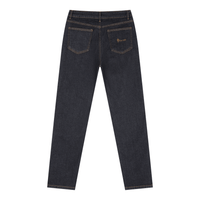 Back view of women's high-rise skinny jeans in dark denim with gold stitching.