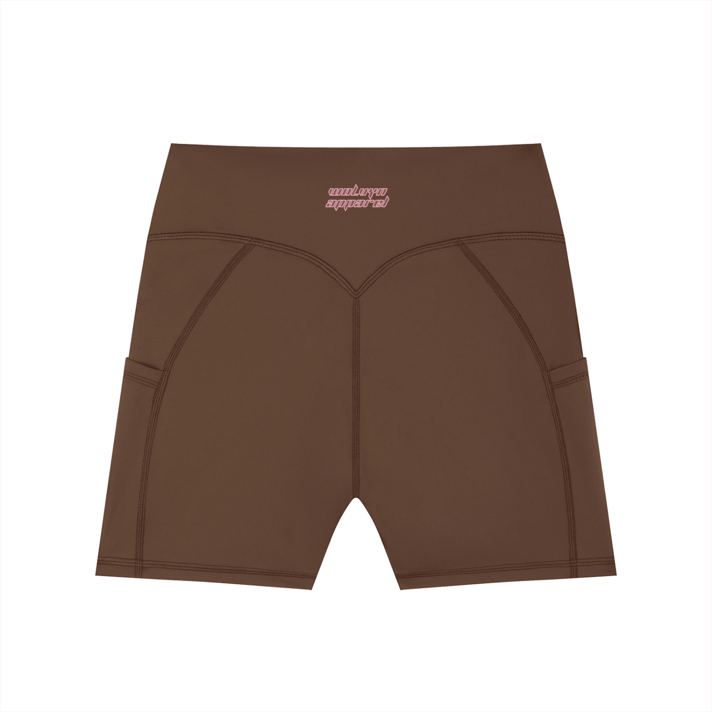 Brown high-waisted women's biker shorts with side pockets and seam details