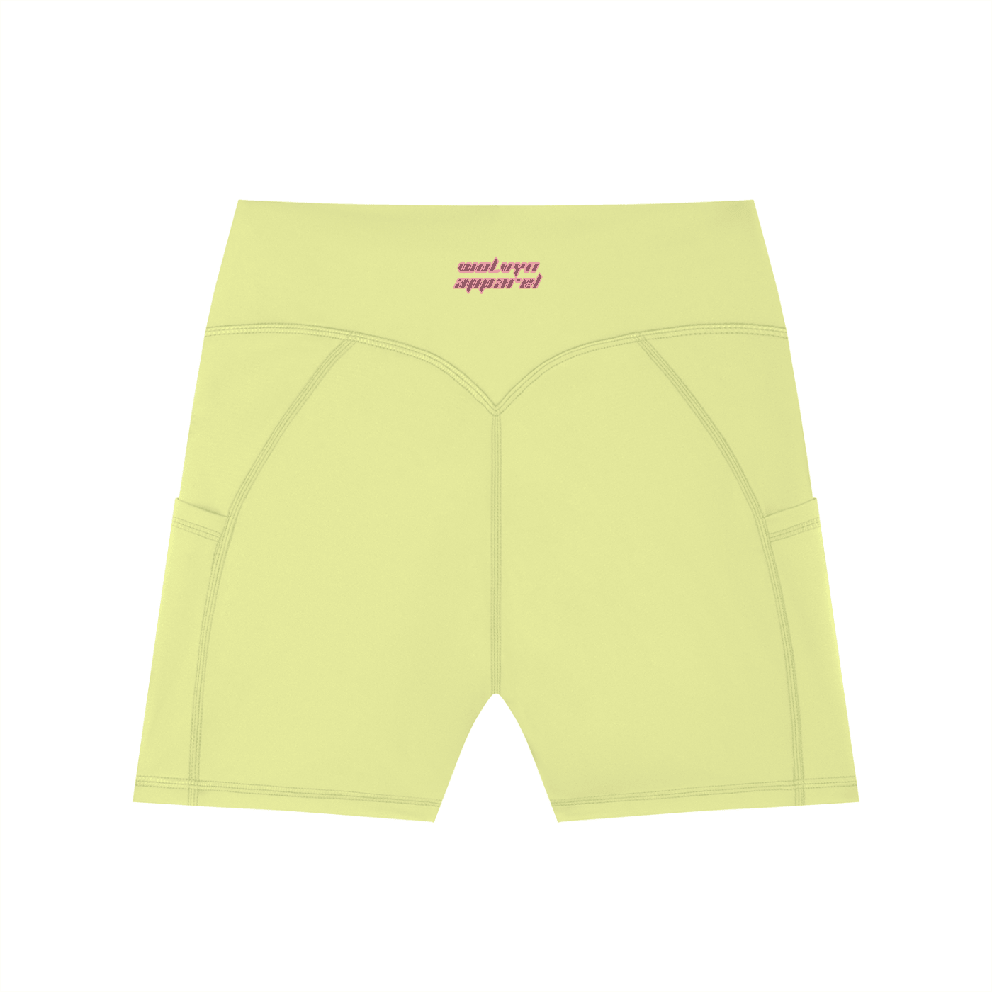 Yellow high-waisted women's biker shorts with pockets and visible stitching, back view