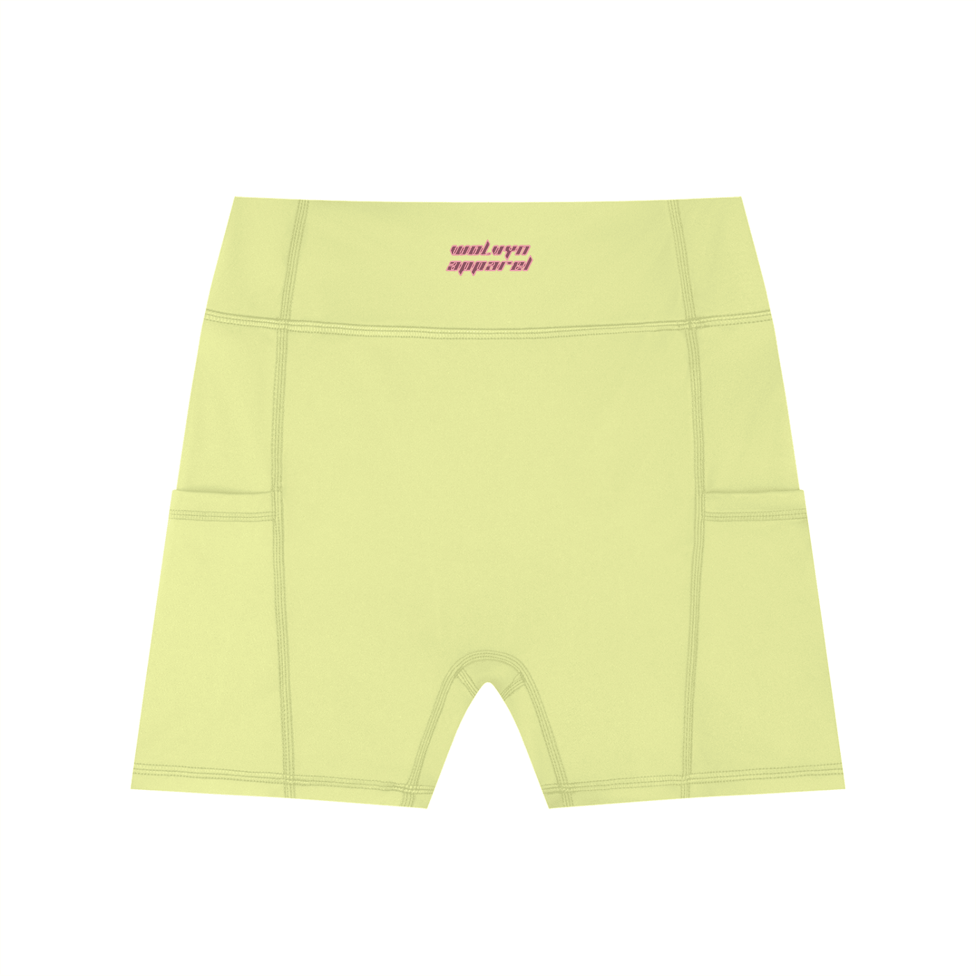 Light green high-waisted women's biker shorts with side pockets and small front logo