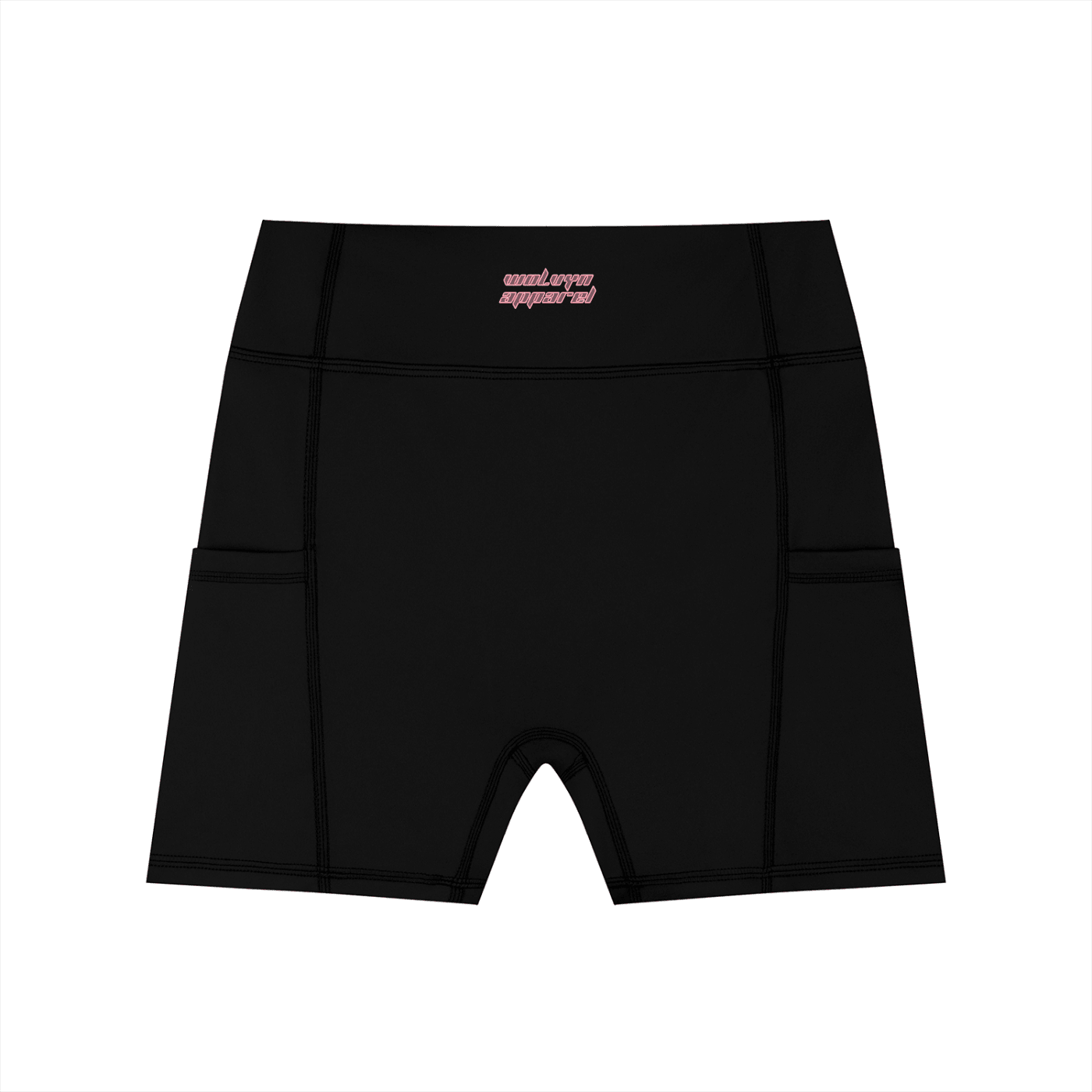 Black high-waisted women's biker shorts with side pockets on white background