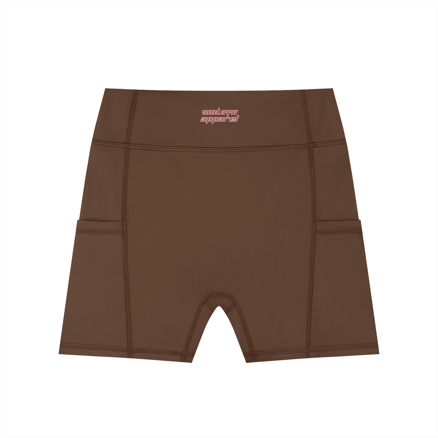 Brown high-waisted women's biker shorts with side pockets and stitched detailing