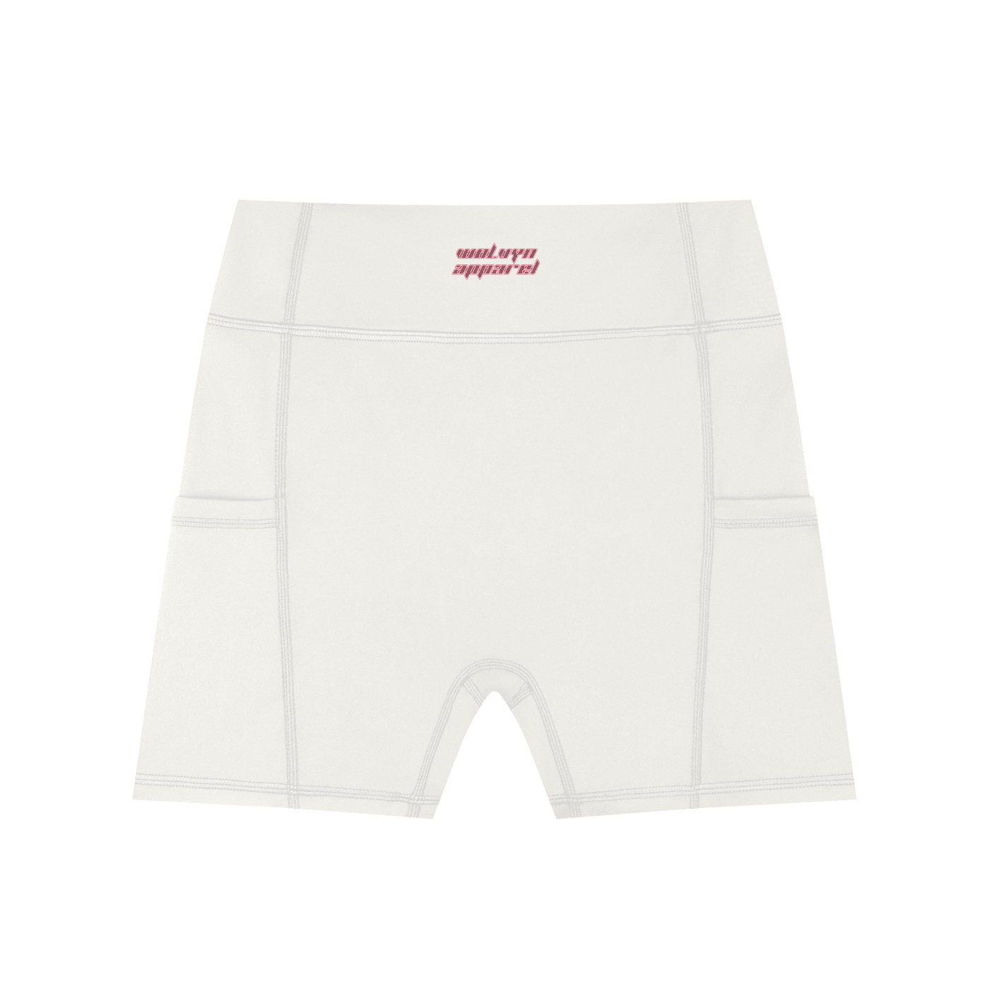 White high-waisted women's biker shorts with pockets and small front logo