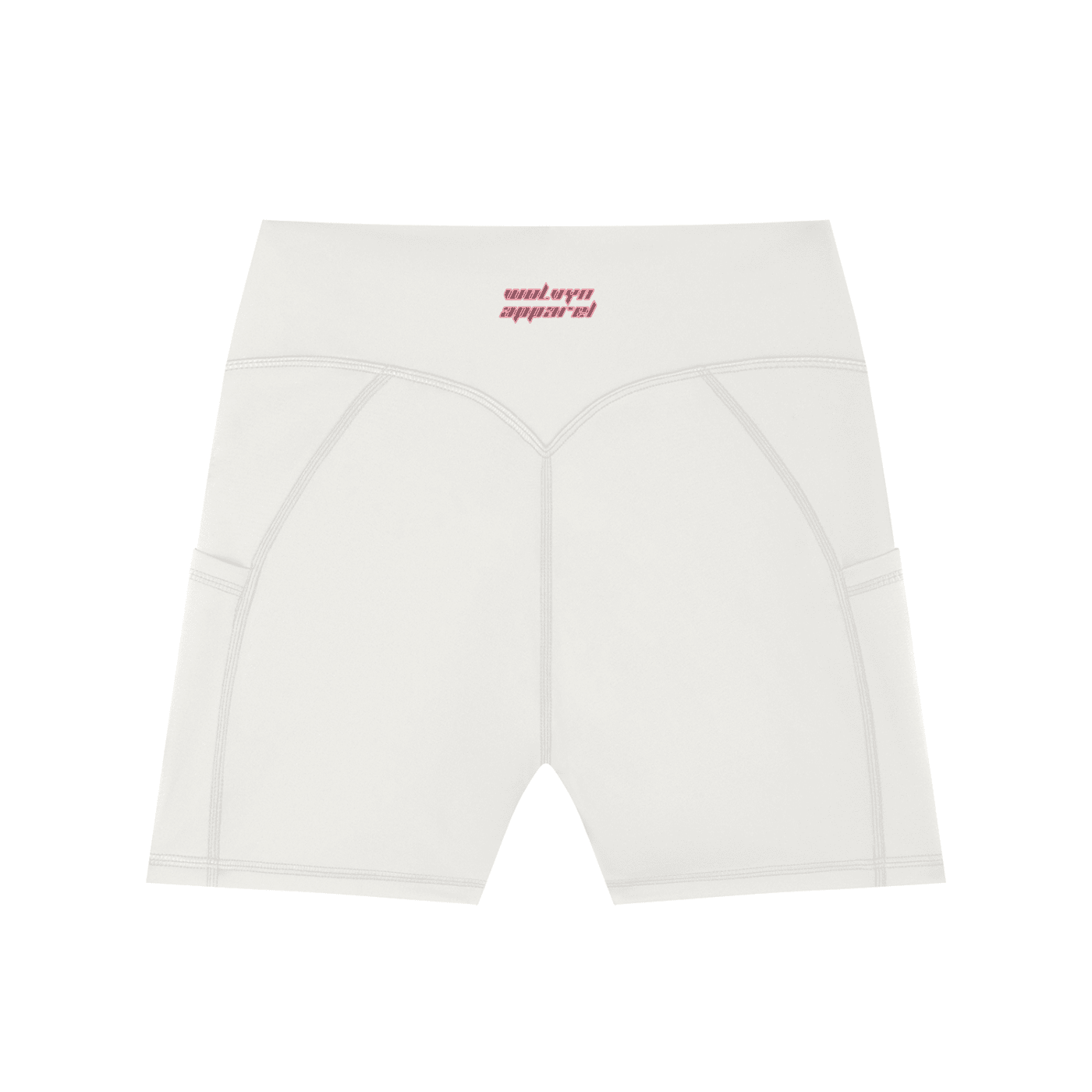 White high-waisted women's biker shorts with pockets and subtle contrast stitching