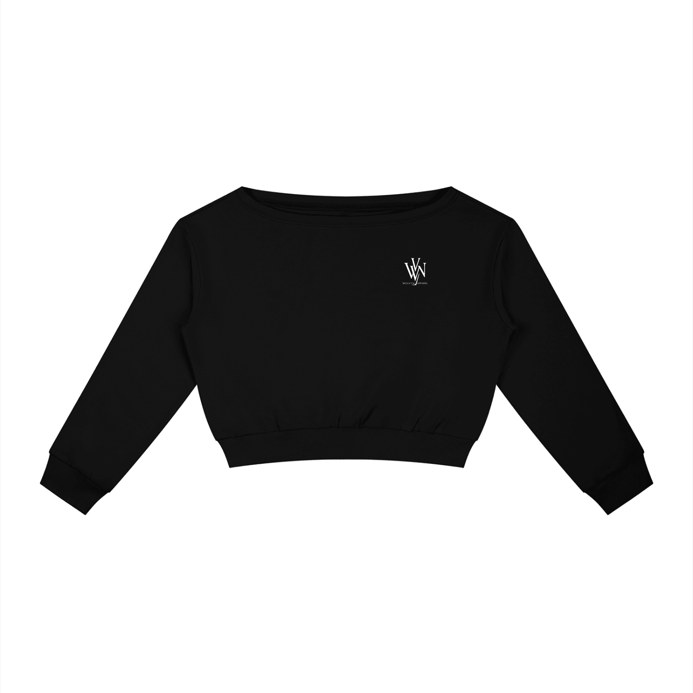 Black women's off-shoulder cropped sweatshirt with small white chest logo