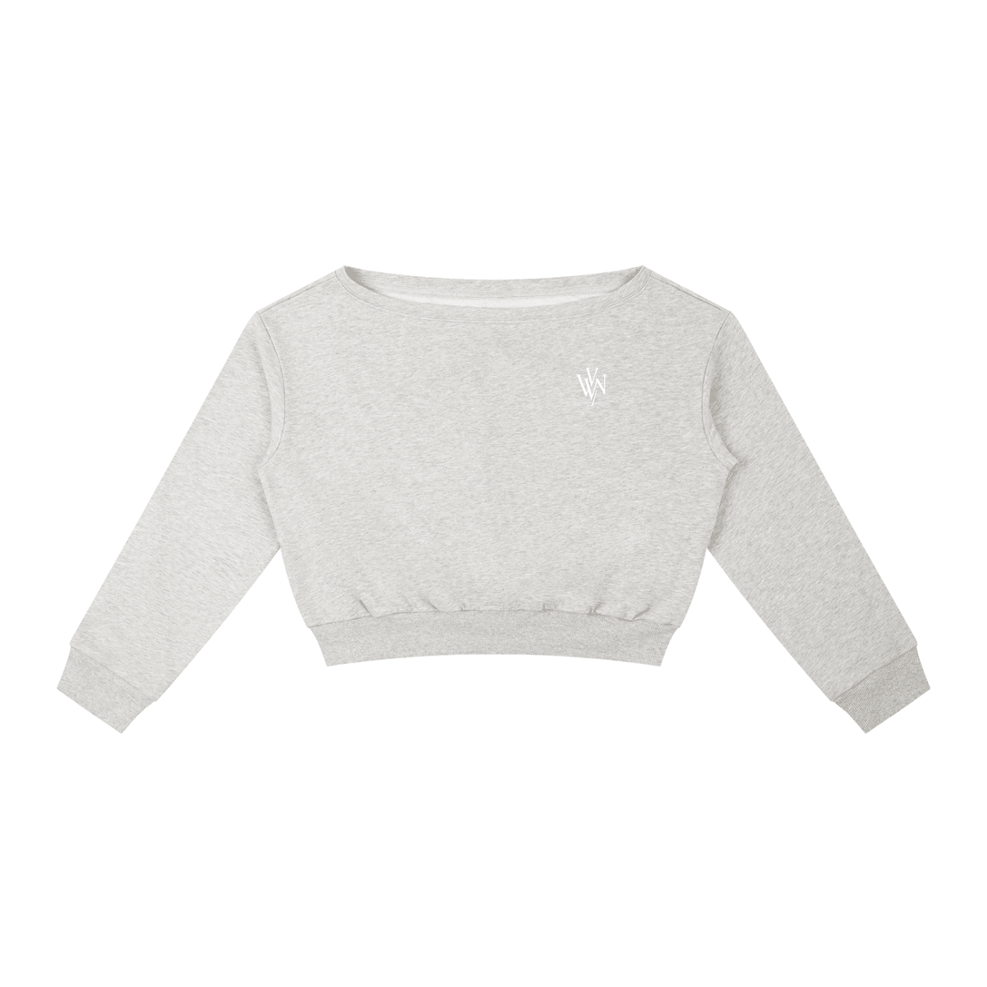 Light grey women's off-shoulder cropped sweatshirt with small white chest logo