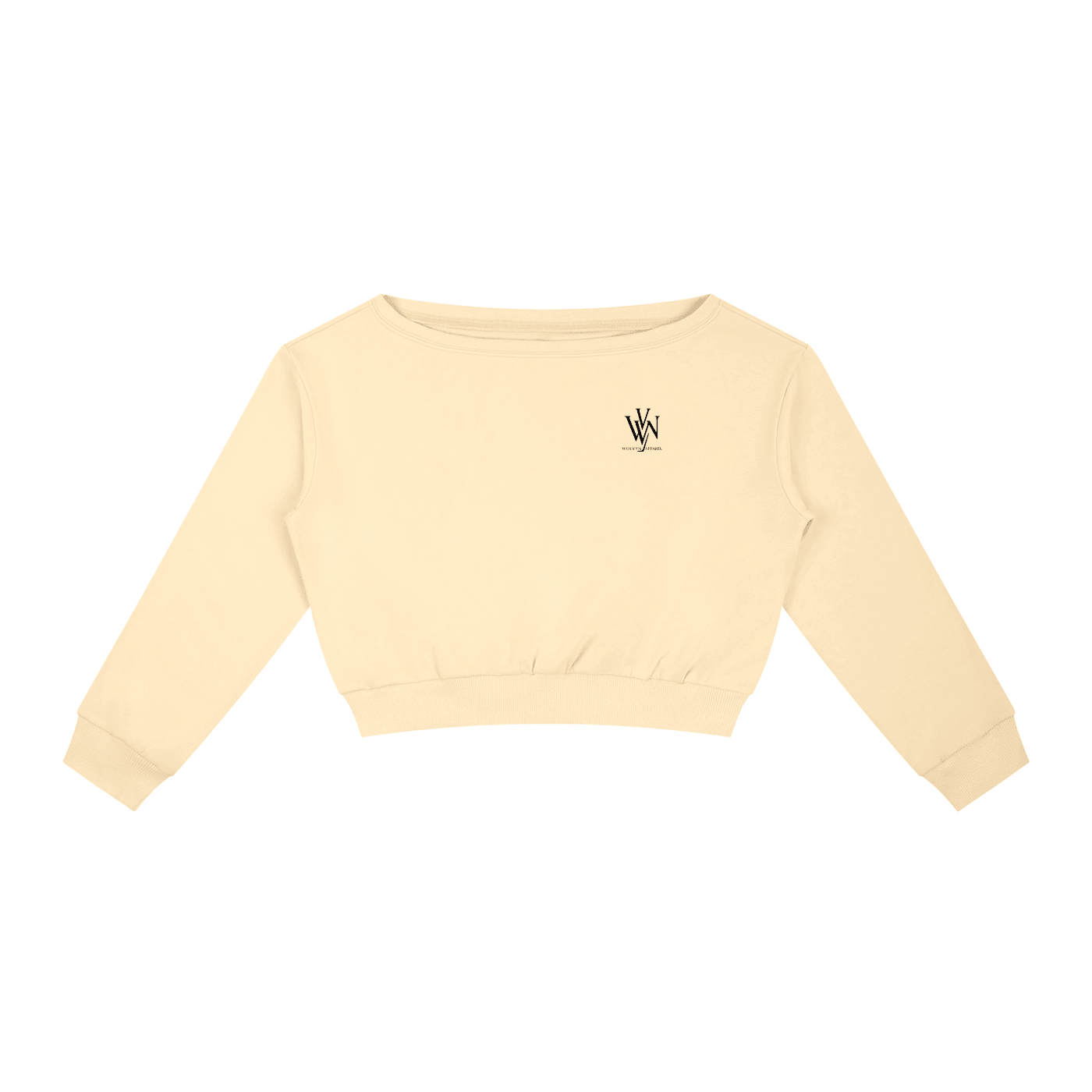 Women's off-shoulder beige cropped sweatshirt with small front chest logo