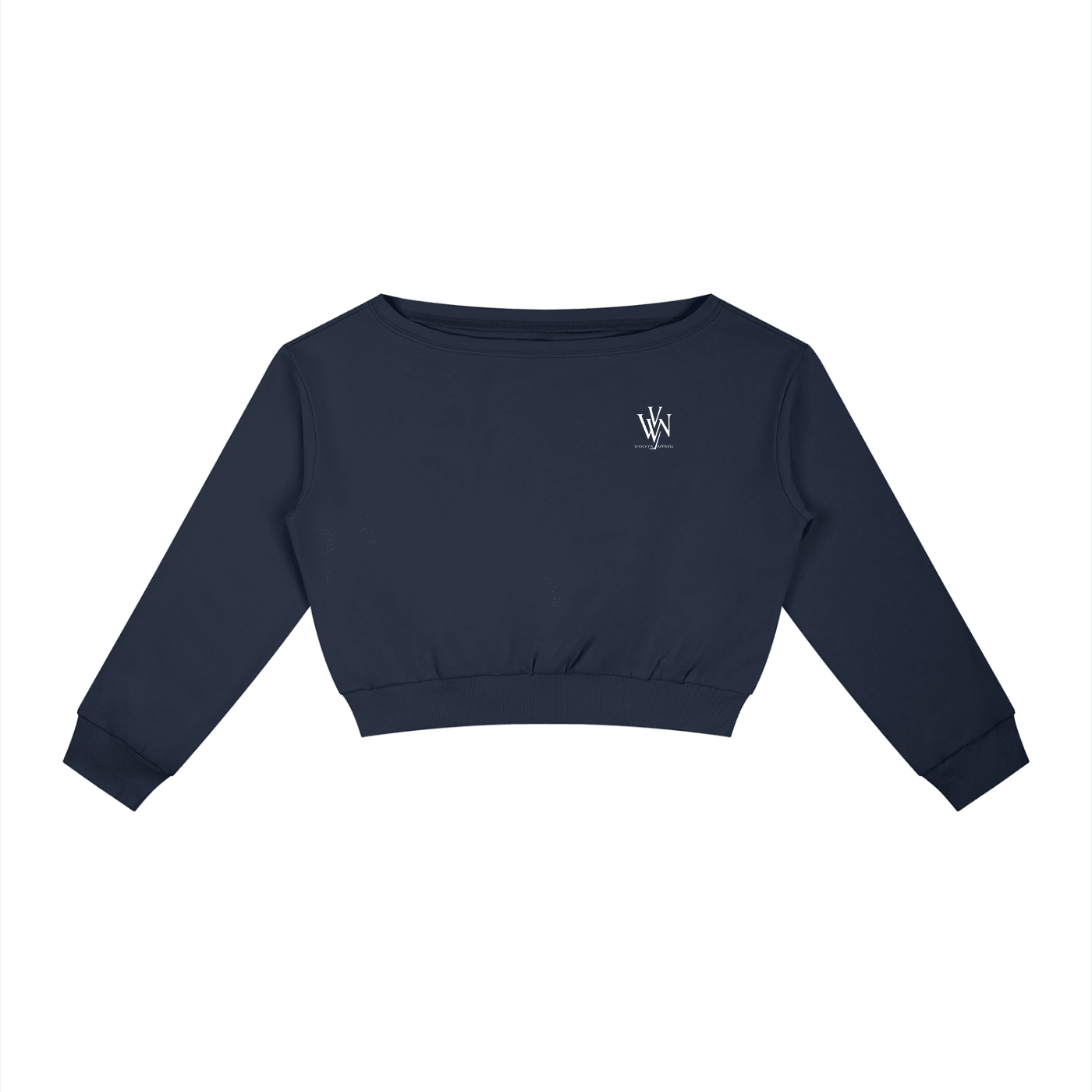 Women's navy off-shoulder cropped sweatshirt with minimal chest logo