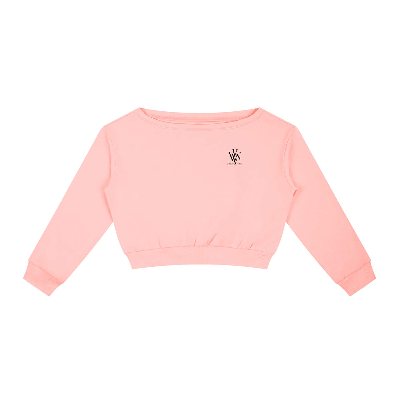 Light pink women's off-shoulder cropped sweatshirt with long sleeves and minimal chest logo