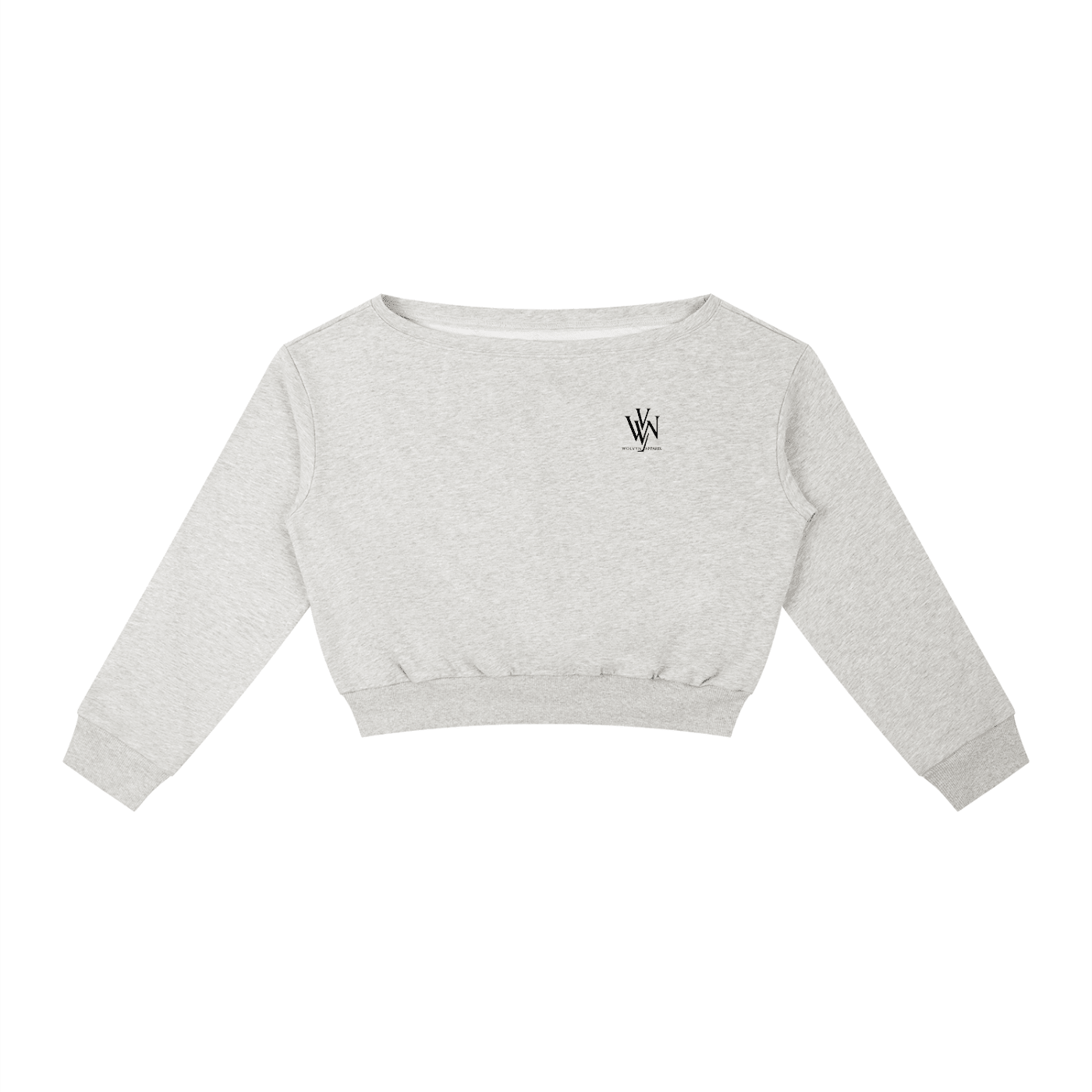 Light grey women's off-shoulder sweatshirt with long sleeves and small chest logo