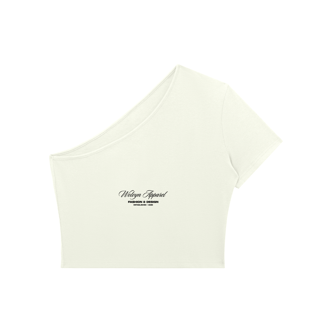White one-shoulder crop t-shirt with short sleeve and black script logo on chest
