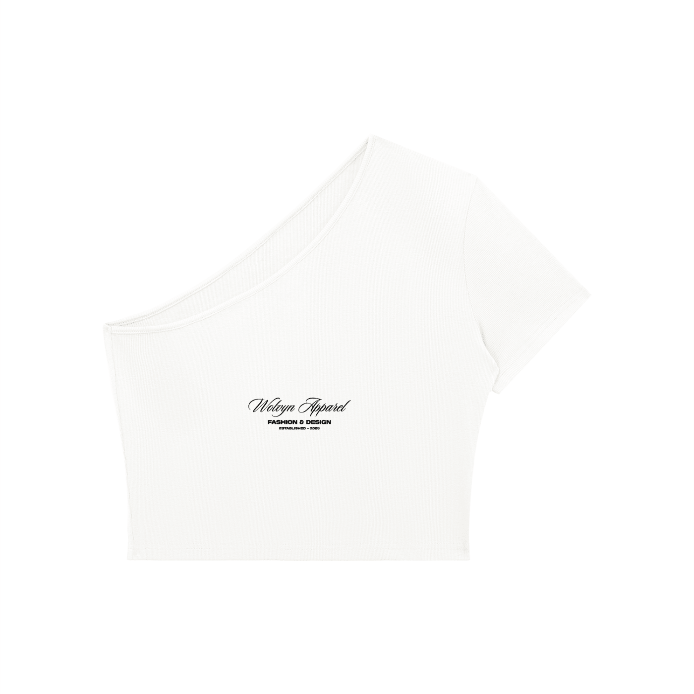 White one-shoulder women's crop t-shirt with front script text on plain background