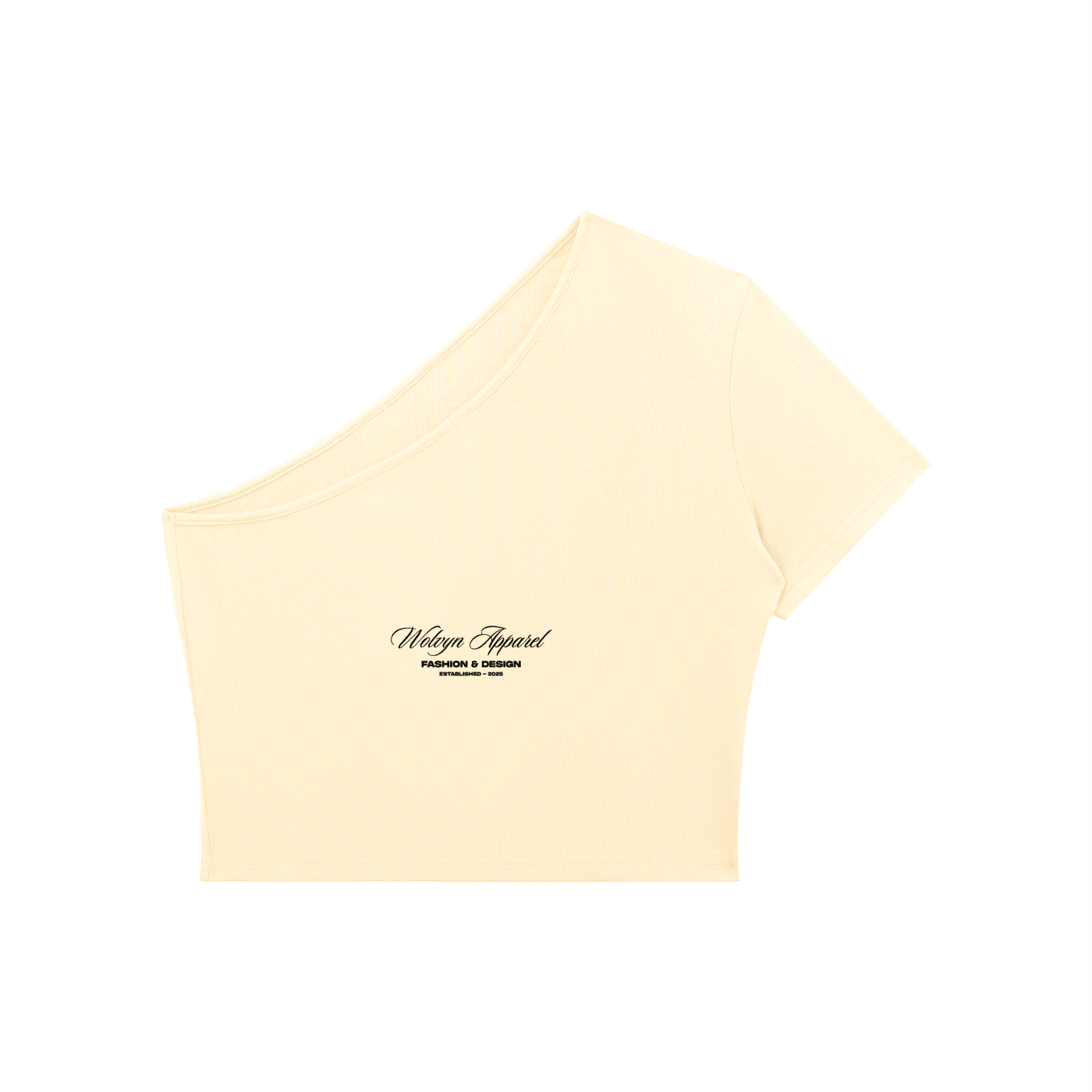 Women's one shoulder beige crop top with short sleeve and front text print