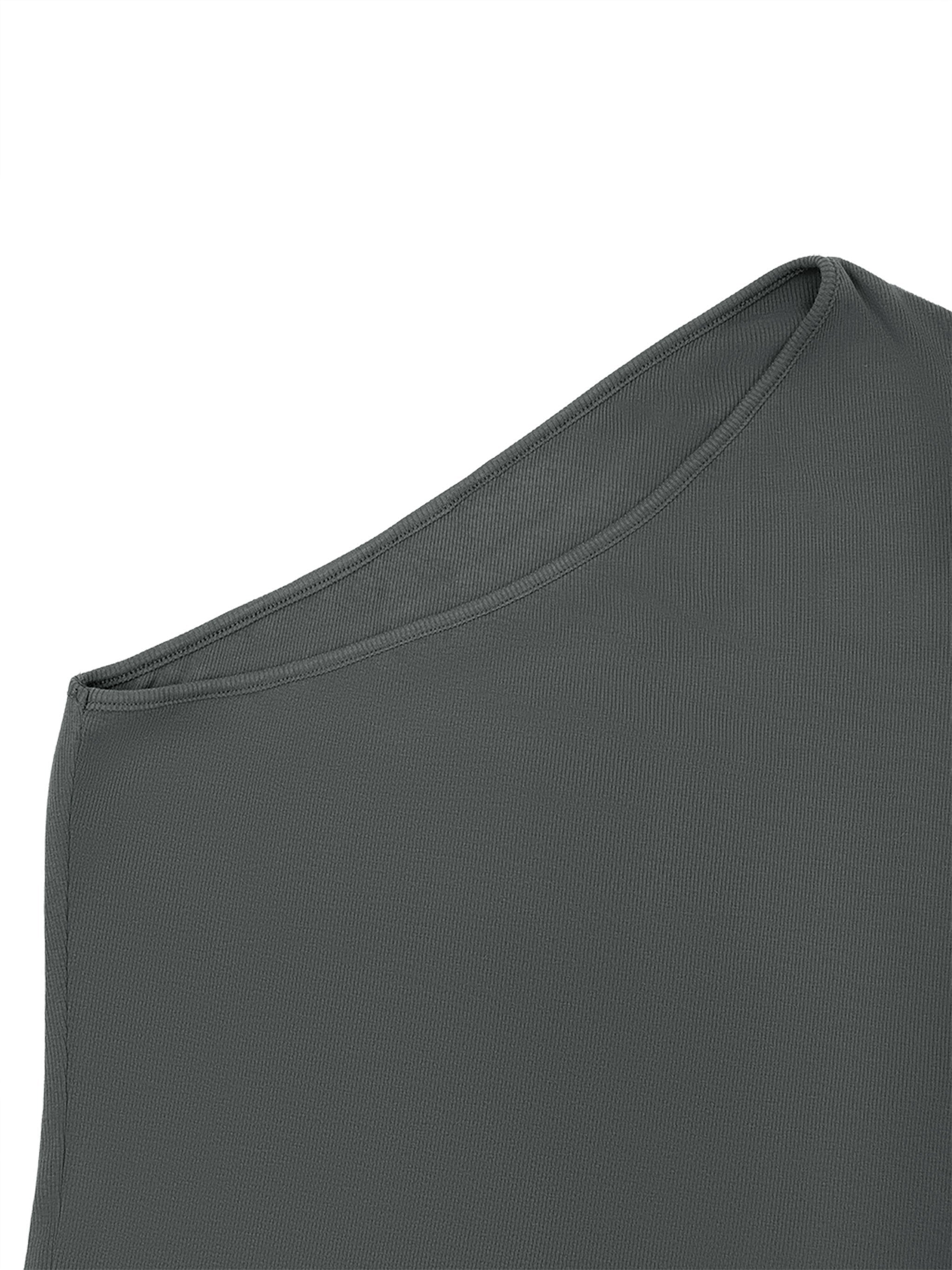 Charcoal gray women's one shoulder crop t-shirt close-up on white background
