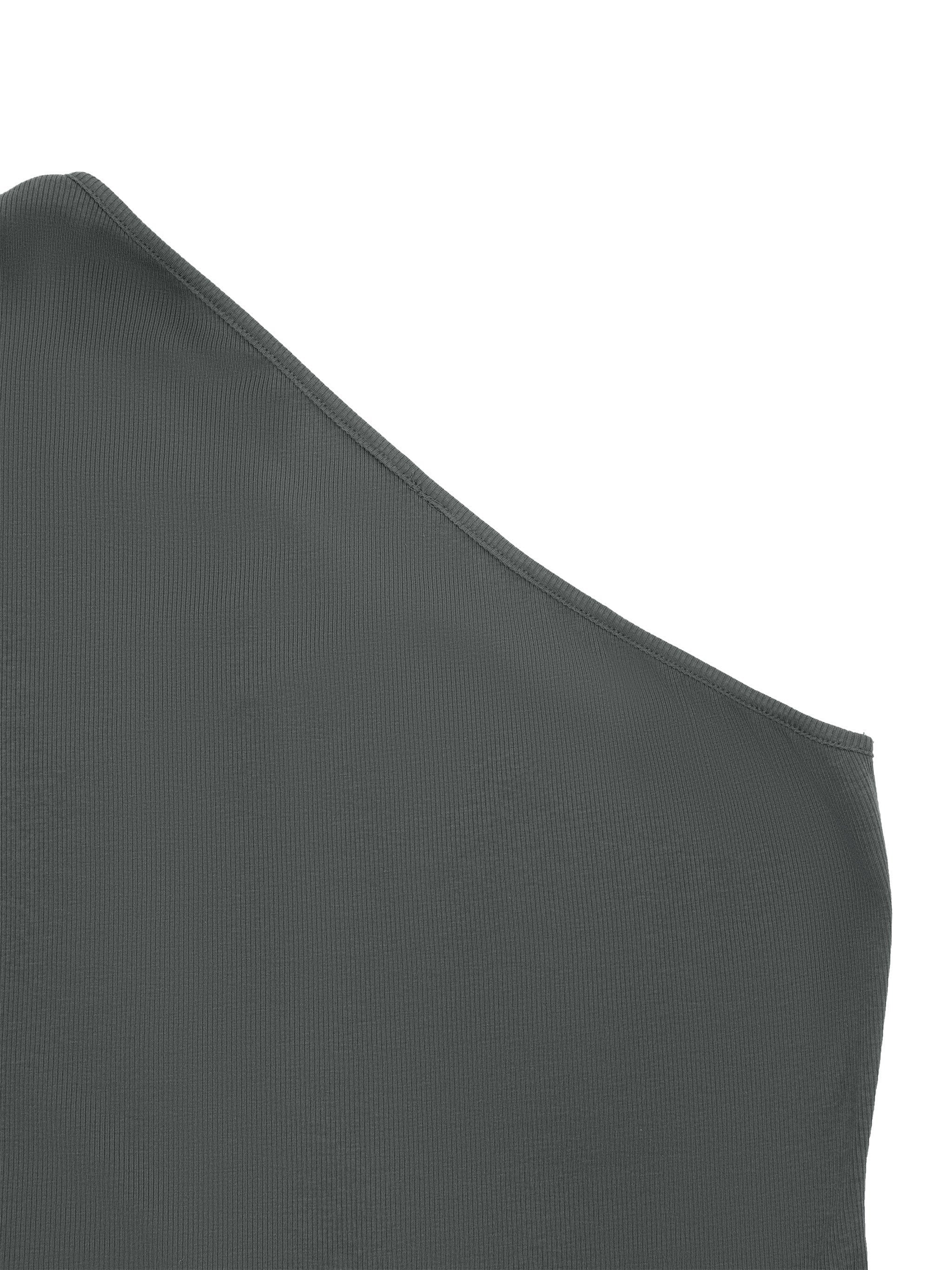 Close-up of dark gray ribbed one-shoulder women's crop t-shirt fabric