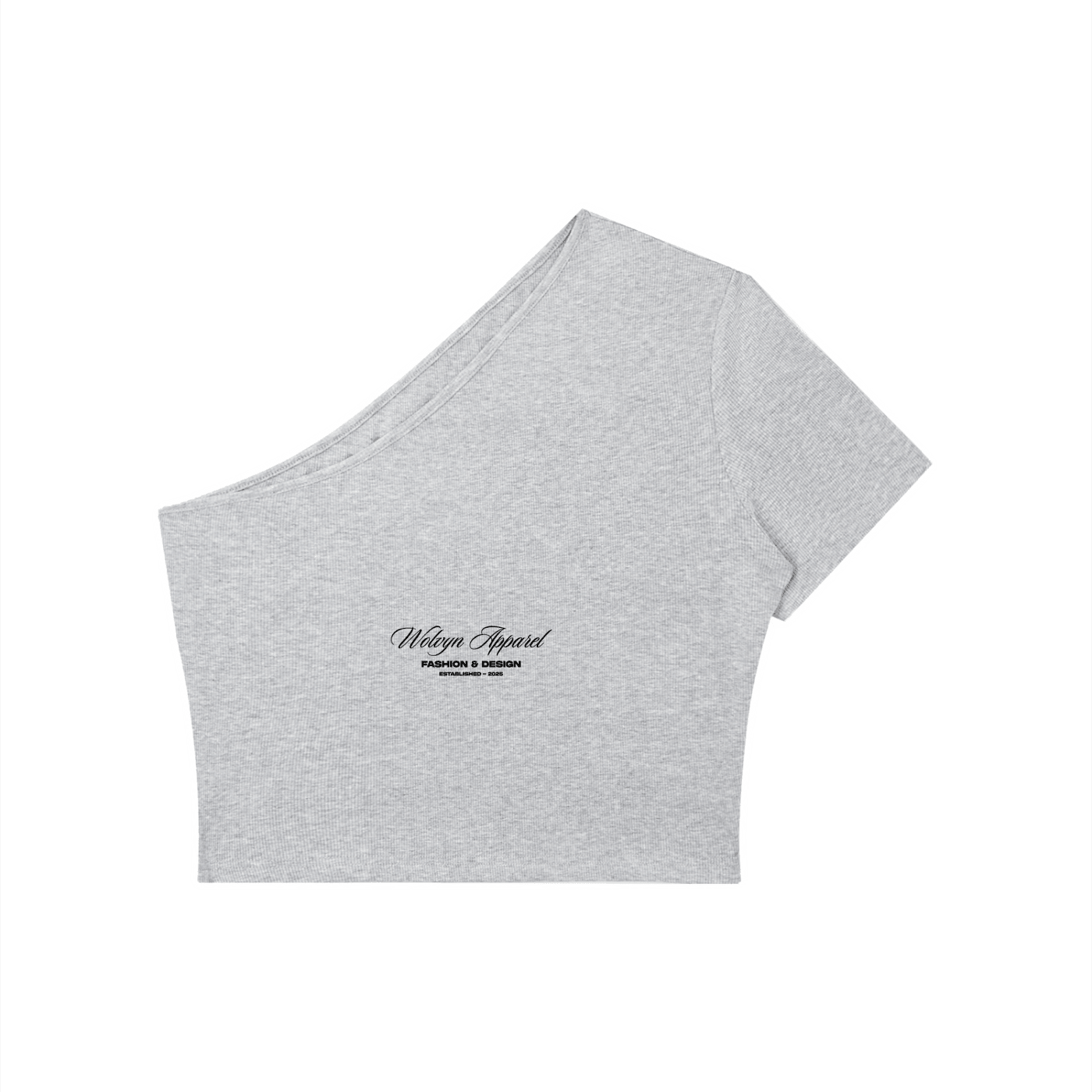 Light grey women's one-shoulder crop t-shirt with short sleeve and front text print.