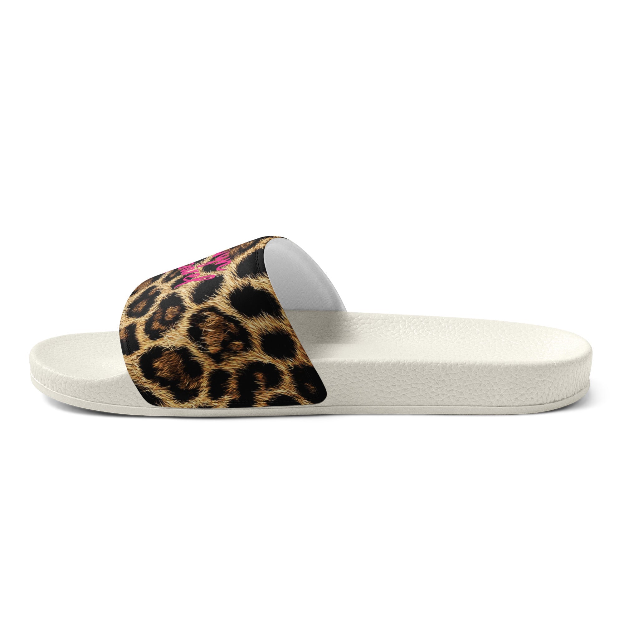 Women's slide sandal with leopard print strap and plain white sole on white background