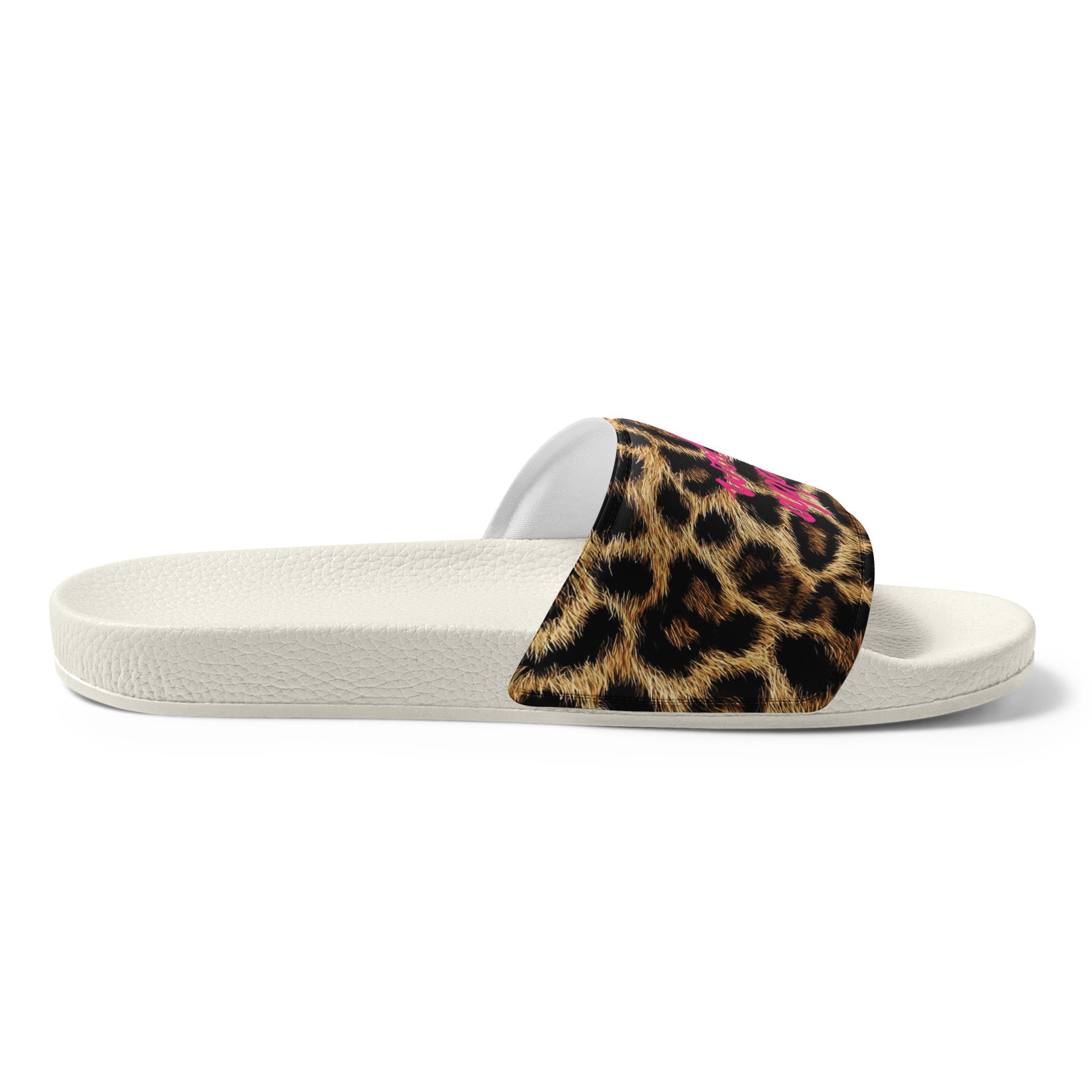 Women's slide sandal with white sole and leopard print strap on white background
