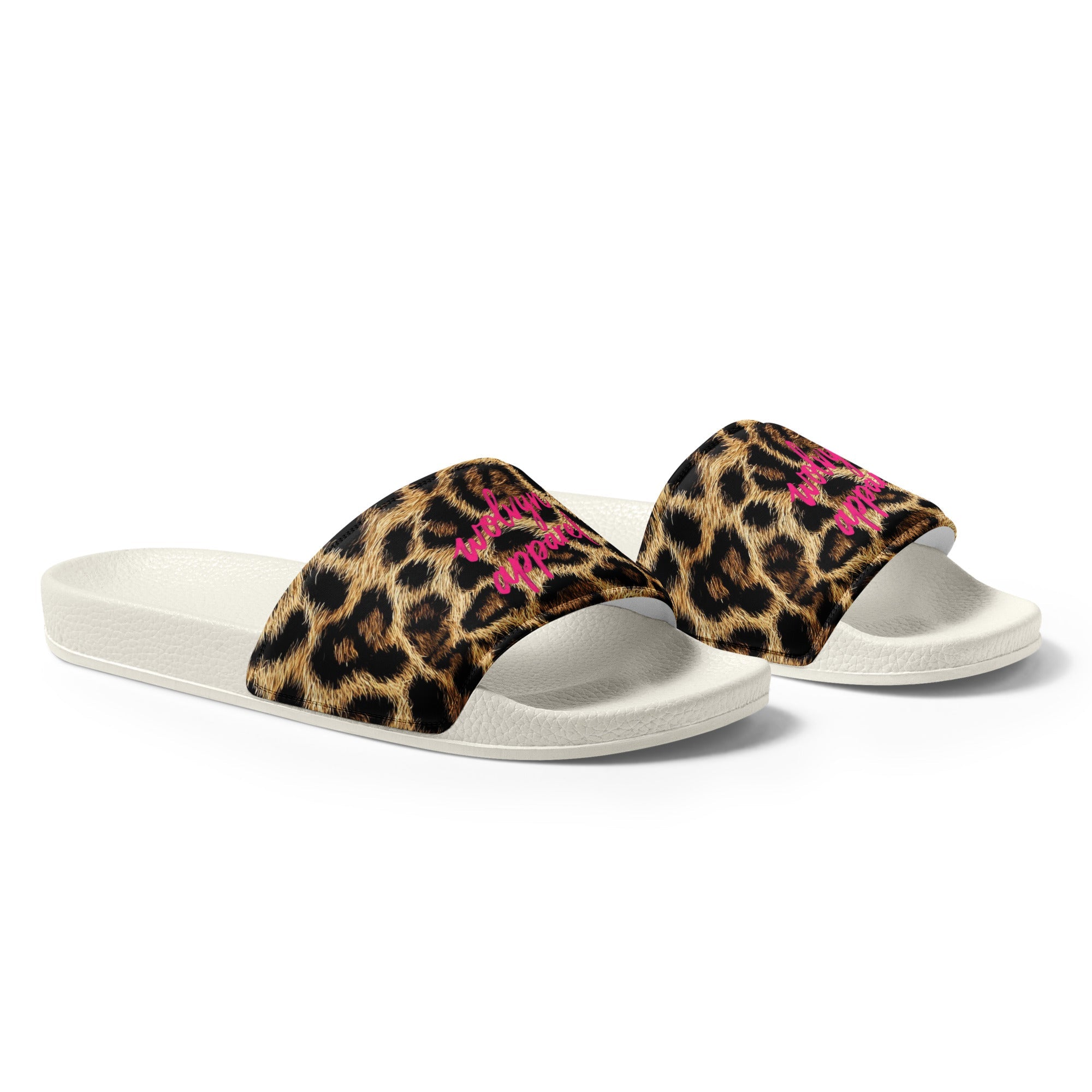 Women's slides with leopard print straps and pink embroidered text on white soles