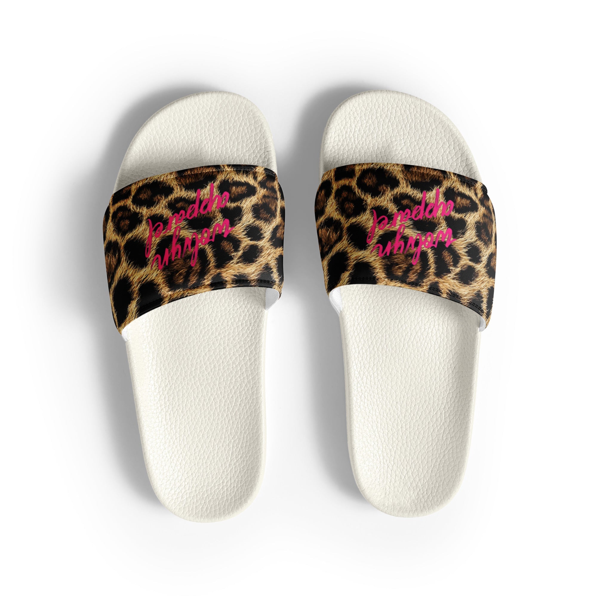 Women's slides with white soles and leopard print straps, featuring pink text design