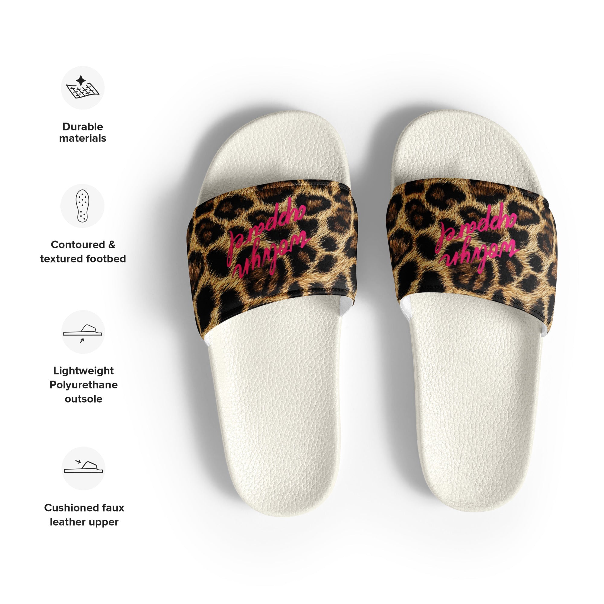 Women's slides with leopard print strap, pink script, contoured white footbed and icons describing features.