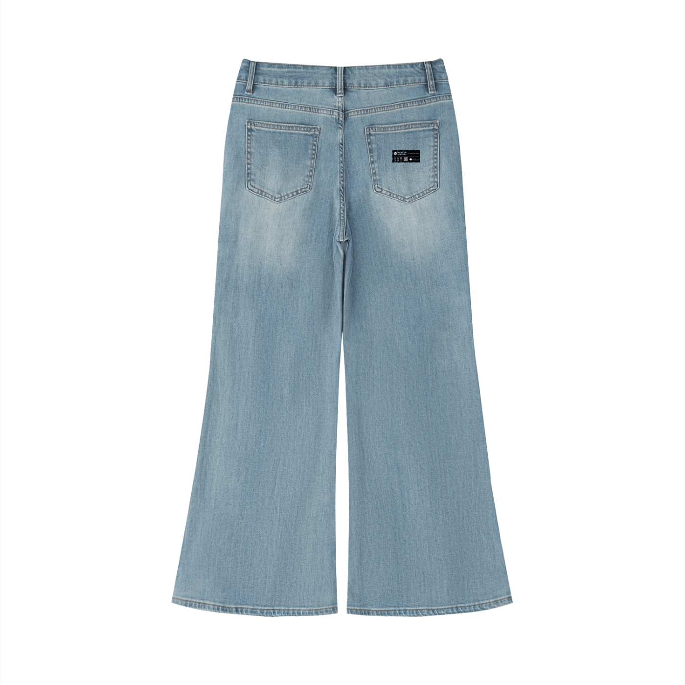 Women's vintage wash flared leg jeans, light blue denim, back pockets, flat lay
