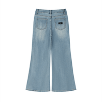 Women's vintage wash flared leg jeans, light blue denim, back pockets, flat lay