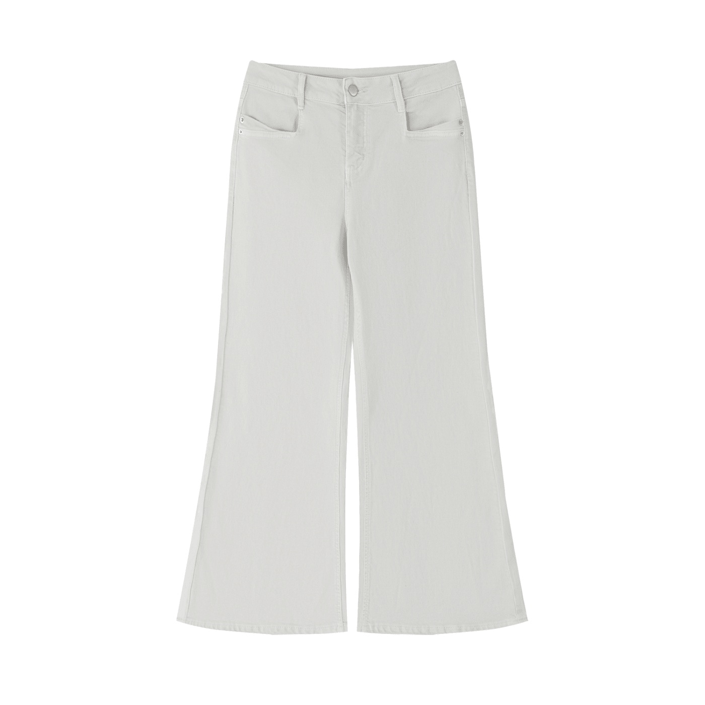 Women's vintage wash flared leg jeans with front pockets on white background