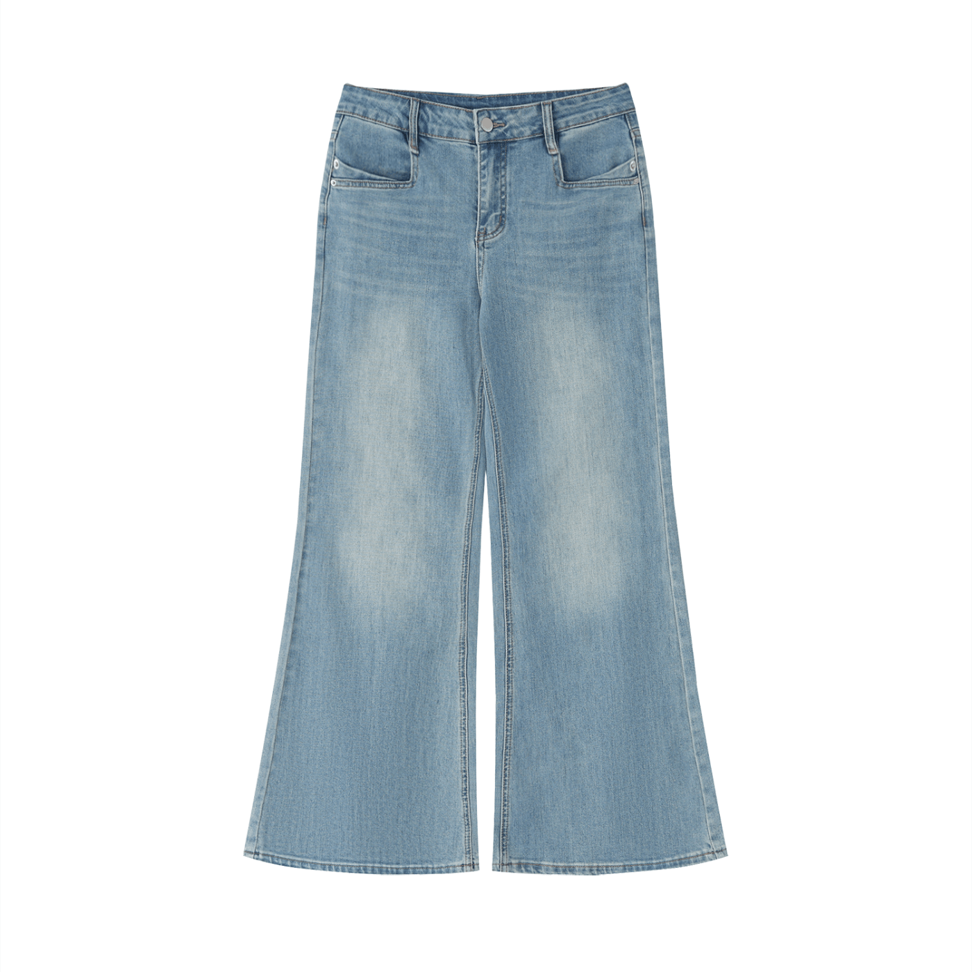 Light blue women's vintage wash flared leg jeans with front pockets on white background
