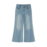 Light blue women's vintage wash flared leg jeans with front pockets on white background